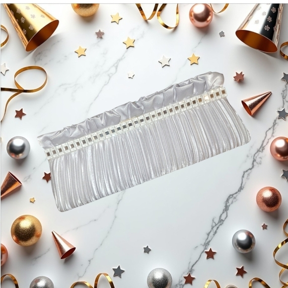 Silver Metallic Evening Clutch with Scrunched Pleated Fabric and Rhinestone Trim - Picture 9 of 10
